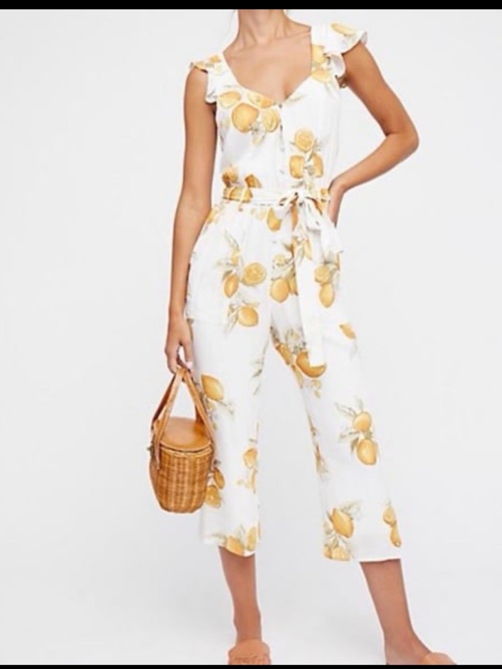 For Love & Lemons Limonada Citrus Print Ruffle Wide Leg Jumpsuit Medium